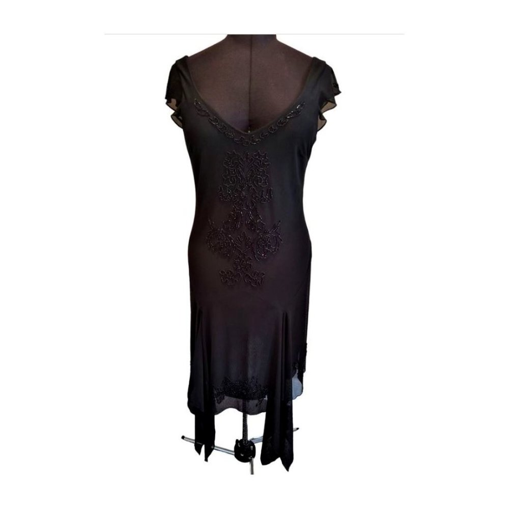 Black Flutter Sleeve Beaded Midi Length Dress